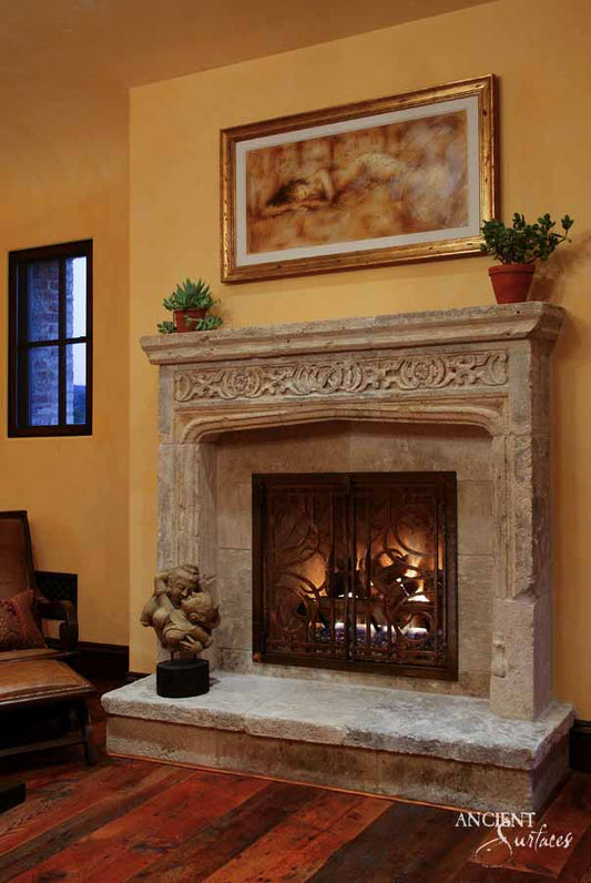 Aristocratic Allure: Intricate Reclaimed Limestone Fireplace