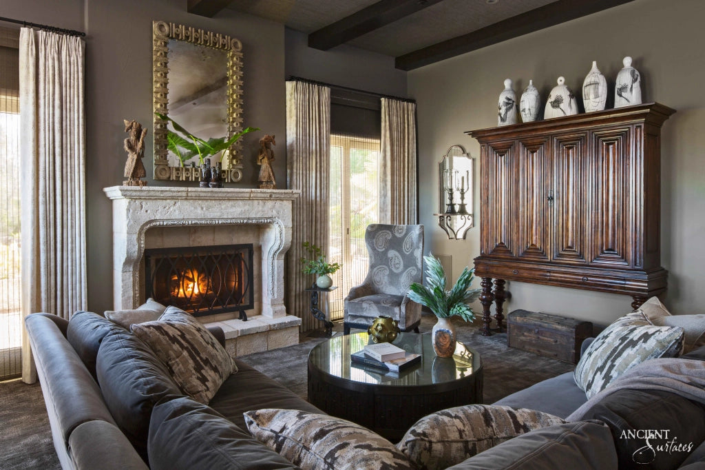 Classic Splendor: Traditional Limestone Fireplace for Refined Tastes