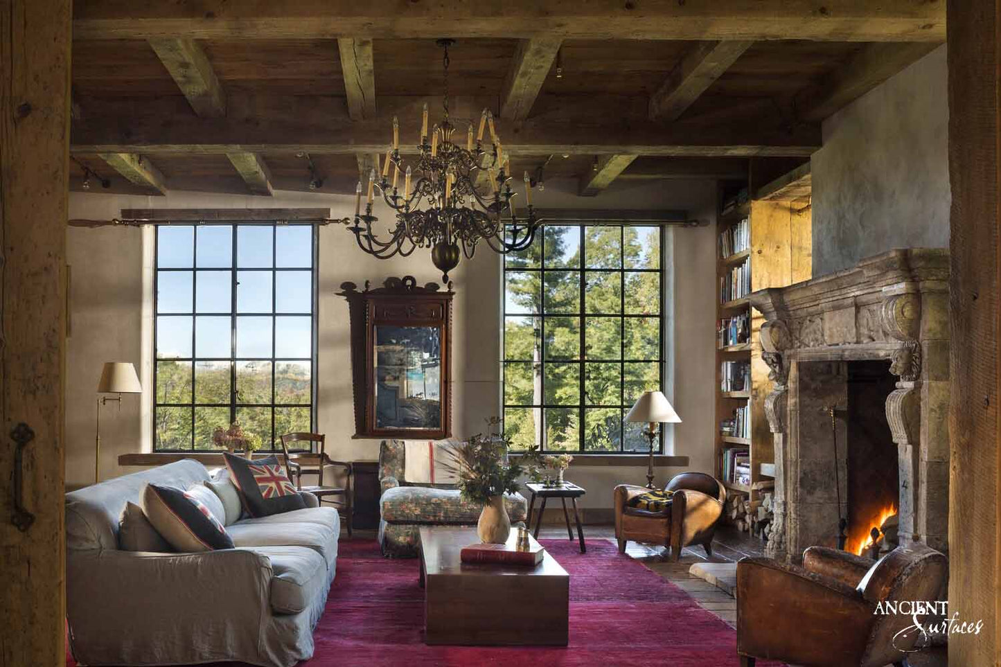 Refined Rusticity: Reclaimed Limestone Fireplace in Charming Countryside Estate